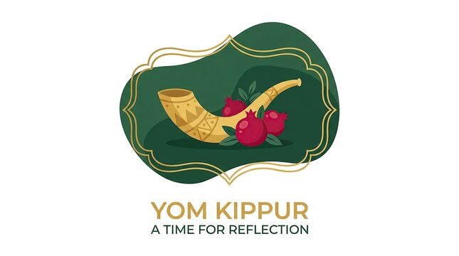 Yom kippur time for reflection badge with shofar and pomegranates, ceremony