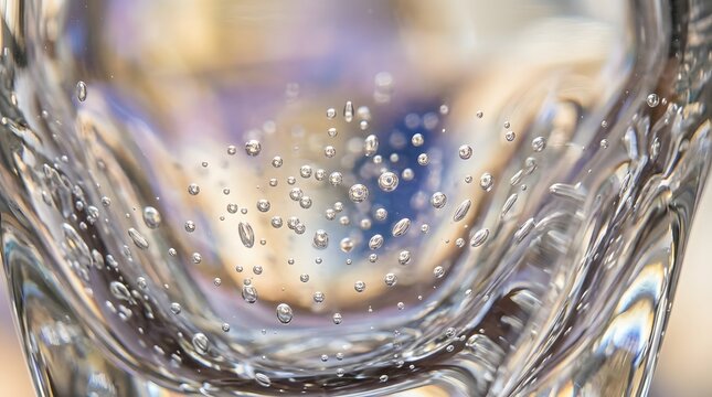 Close-up of sparkling water droplets on frosted glass surface with bokeh light reflections
