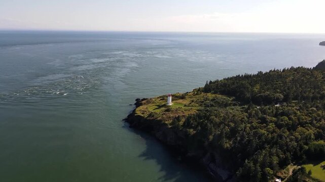 Aerial view of Lighthouse at Fundy's Cape Enrage Fundy Biosphere Reserve in Canada