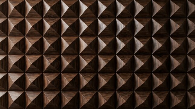 Modern dark brown wooden wall paneling with a geometric pyramid pattern