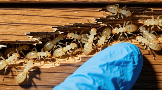 Many termites eat damaged wood. Blue glove shows inspection of insect infestation. Danger for home wood structures and furniture. Get pest control help.