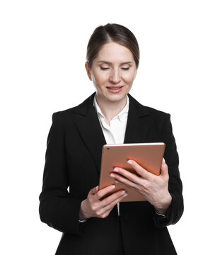 Portrait of professional lawyer with tablet on white background