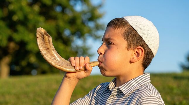 Young boy blowing shofar horn outdoors in nature landscape with yarmulke