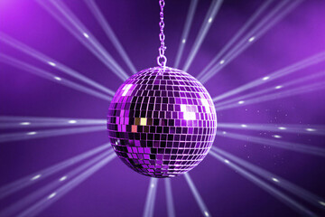Obraz premium Shiny disco ball hangs against purple backdrop with light rays. Festive party sphere reflects lights creating dynamic motion. Celebrate with retro dance floor accessory.