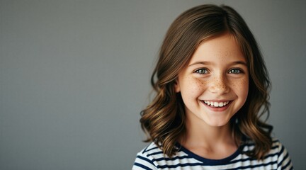 Fototapeta premium Little girl with freckles, brown hair smiles. Cute child portrait against grey background. Young female kid expresses joy with radiant face. Natural beauty of happy youth person shows friendly