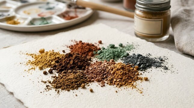 Assorted natural mineral pigment powders in vibrant earth tones for art and design projects