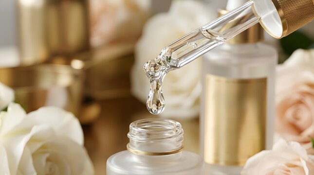 Hand applying luxury transparent serum gel dropper to elegant glass bottle on marble vanity