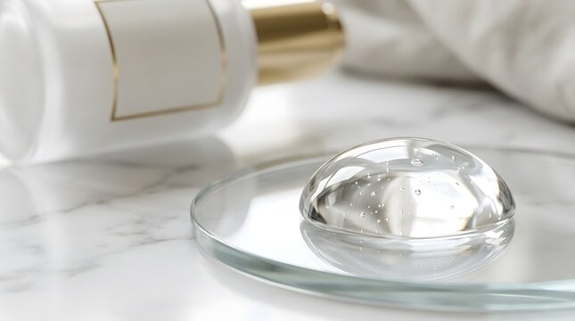 Clear skincare serum drop on glass dish with luxury white bottle and pipette