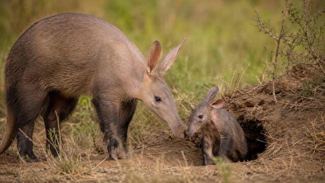 Mother aardvark gently nudging her curious baby at the burrow entrance in dry grassland habitat