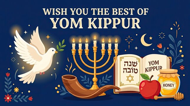Yom kippur holiday greeting card with shofar menorah dove apple and honey