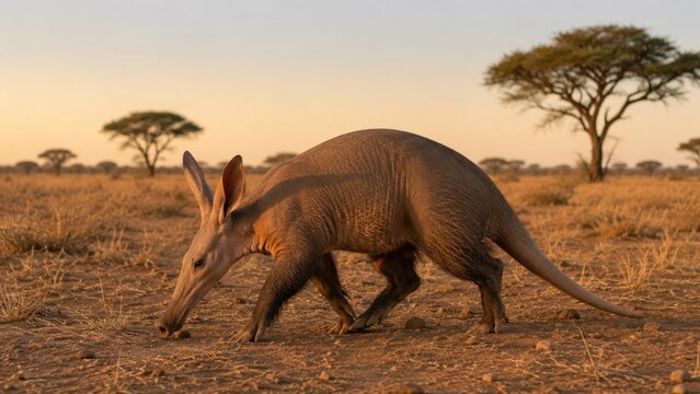Aardvark walking across dry African savanna at golden hour with acacia trees and warm sunset light