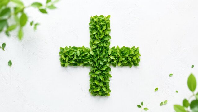 Green plus sign formed from fresh leaves on a white textured background, minimalist eco and health concept