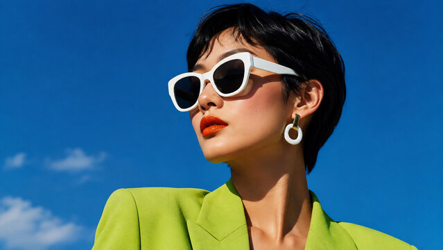 Stylish woman with short black hair, lime green blazer and white sunglasses against a vivid blue sky. Bold fashion portrait for advertising, summer campaigns, social media and beauty branding.