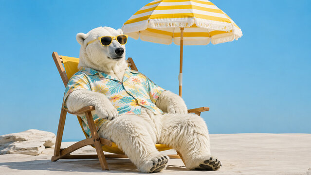 Funny polar bear in sunglasses and a colorful tropical shirt relaxing on a beach chair. Playful summer image for travel advertising, vacation campaigns, posters and social media.
