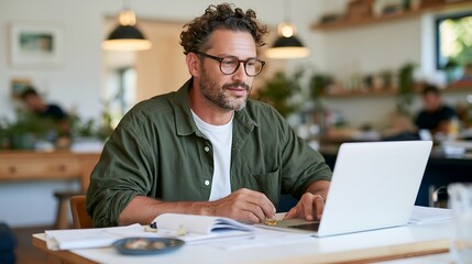 Fototapeta premium Man with glasses works on laptop at cafe table.