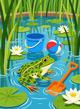 Green spotted frog sits in garden pond water among lily flowers. Small plastic bucket toy beach ball, shovel float near amphibian animal in summer lake. Cute nature scene creates fun play mood for