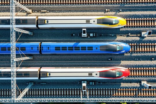 Aerial top view of three high speed trains on parallel tracks at railway station. Modern intercity rail vehicles move in direction on tracks during day. Transportation logistics infrastructure with