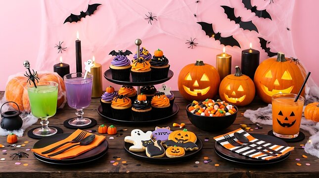 Halloween party table with pumpkins and treats