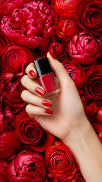 Female hand with glossy red manicure holding a nail polish bottle among lush red roses. Ideal for beauty ads, cosmetics, romantic campaigns, luxury branding and product promotion.