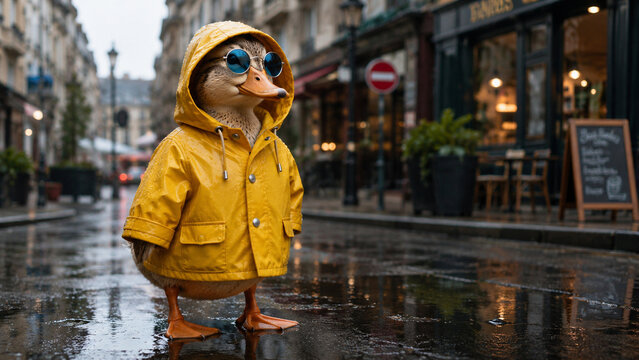 Funny otter wearing a yellow raincoat and sunglasses standing on a wet city street. Ideal for autumn ads, rainy weather concepts, travel campaigns, posters and social media.
