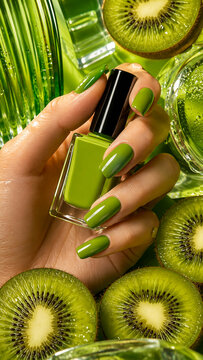Female hand with glossy green manicure holding a nail polish bottle among fresh kiwi slices and glass details. Ideal for beauty ads, cosmetics, summer branding and product promotion.