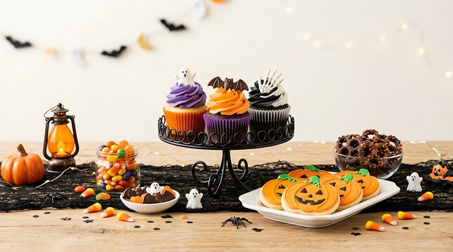 Halloween cupcakes and treats on a decorative table