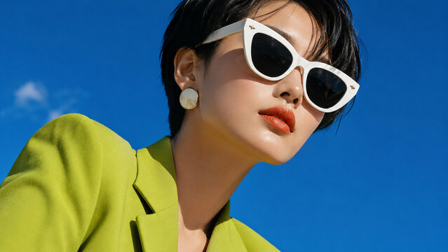 Stylish young woman in a bright green blazer and white sunglasses against a vivid blue sky. Ideal for fashion advertising, summer campaigns, magazines, social media and beauty branding.