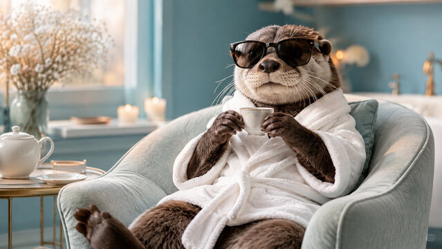 Funny otter wearing sunglasses and a white bathrobe relaxing in a cozy armchair. Ideal for spa, wellness, lifestyle advertising, humor, posters and social media.