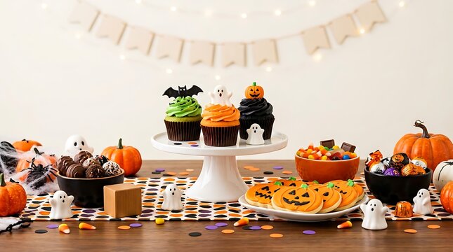 Halloween cupcakes and treats display with decorations