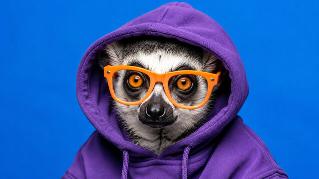 Funny lemur wearing a purple hoodie and orange glasses on a blue background. Ideal for humor, fashion, social media, advertising, posters, avatars and creative animal concepts.