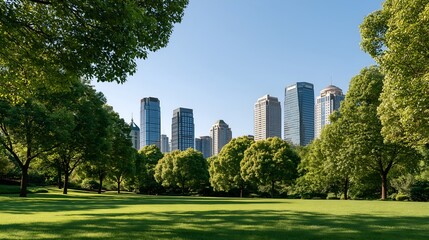 Fototapeta premium Lush green trees frame a vibrant city skyline.