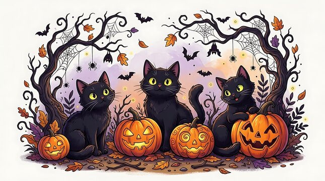 Three black cats with halloween pumpkins and spooky trees