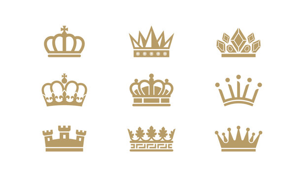 Collection of 9 gold crown icons including imperial arched crowns with crosses, fortress wall crowns, leaf details, geometric crystal peaks, and ball-tipped tiaras.