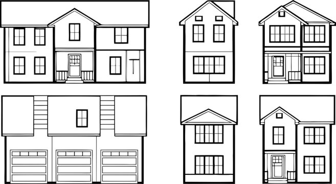 Set of five architectural house elevations, residential facades home