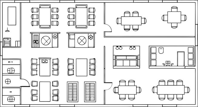Architectural floor plan of an office space with tables and chairs