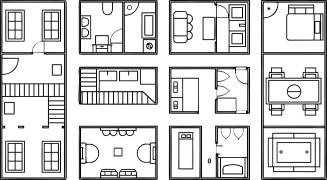 Architectural floor plan set of residential room layouts blueprint