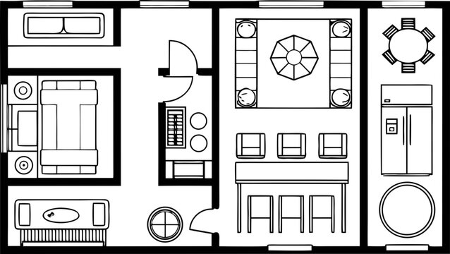 Architectural floor plan showing furniture layout for small apartment