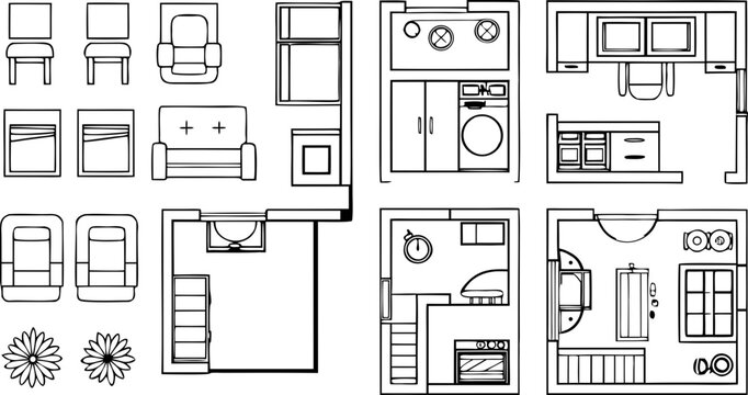 Architectural floor plan symbols, furniture and appliance set