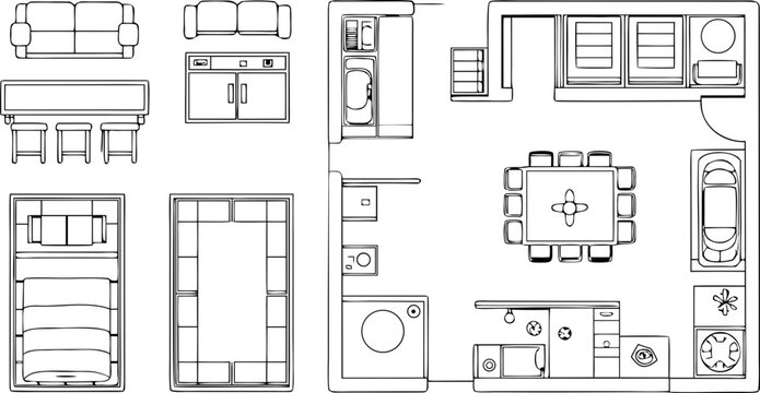 Architectural floor plan with furniture layout and kitchen blueprint