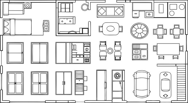 Architectural floor plan with furniture layout, down view blueprint