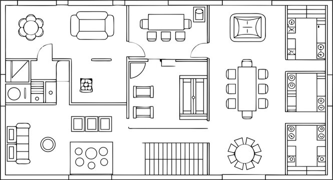 Architectural floor plan with furniture layout, black and white line