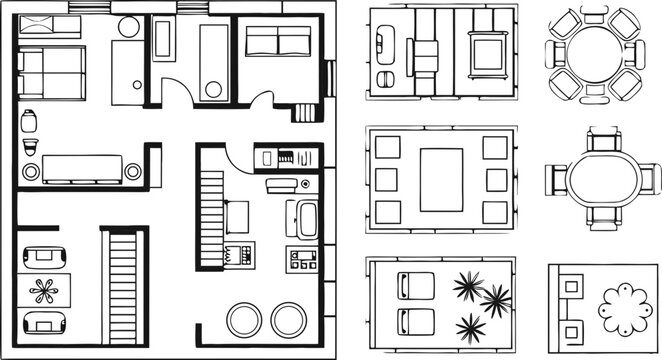 Architectural floor plan with furniture layouts on white background