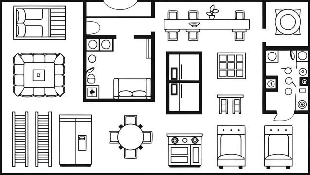 Architectural floor plan with furniture layout, down view interior