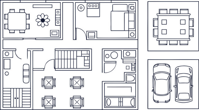 Architectural floor plan with furniture, stairs, and two car garage