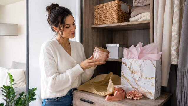 Woman placing a jar candle into a marble gift bag on a wooden wardrobe shelf amid ribbons, tissue paper, a bow and folded sweaters