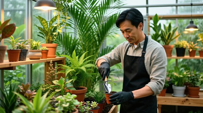 Asian man wears apron, gloves gardening in greenhouse. Focused gardener uses small shovel to plant green seedling in pot. Person works with many indoor plants on wooden shelves. Warm light fills