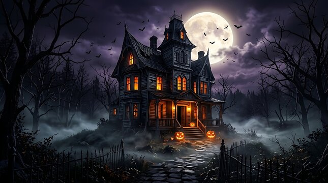Haunted mansion with jack o lanterns under moonlight
