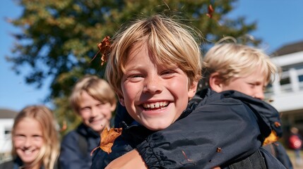 Fototapeta premium Bright sun highlights joyful children outdoors.