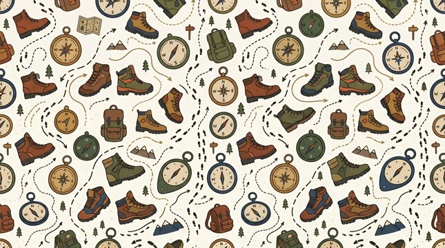 Seamless pattern of hiking boots, compasses, and maps.