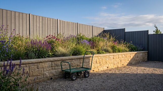 Retaining wall in a residential garden with plants and cart  